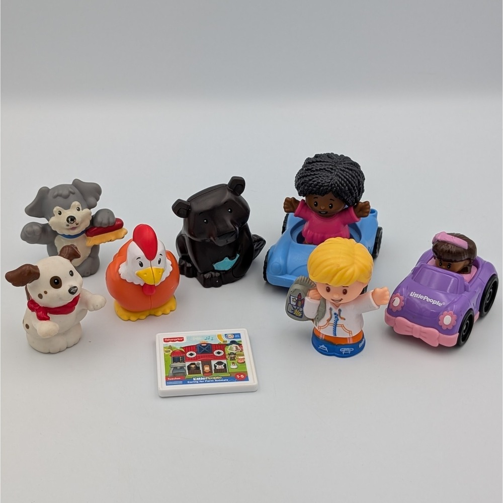 Fisher Price Little People Lot 9 Figures Vehicles Animals Dogs Bear Chicken Cars